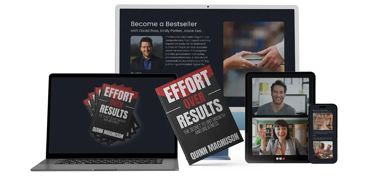 A collection of devices displaying course content and a physical book titled 'Your Own Published Book'.