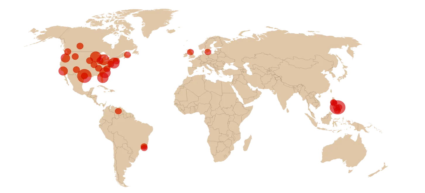 World map with red dots indicating locations